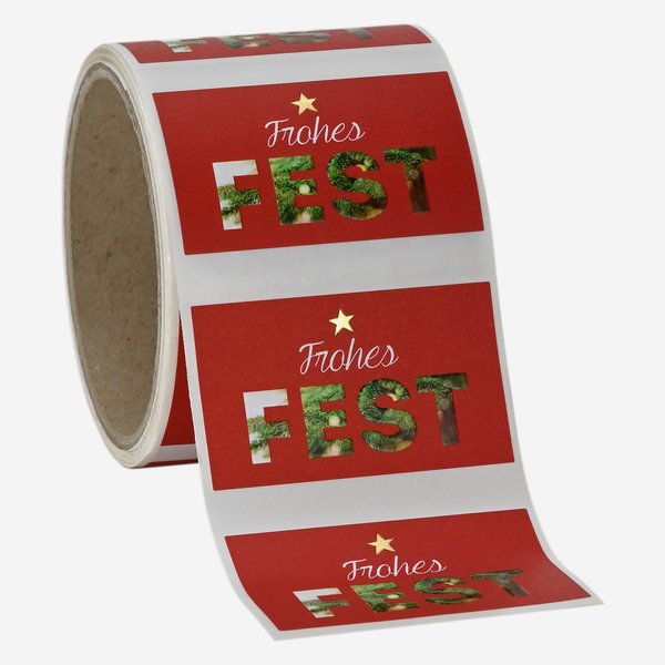 Etikette rot, mit Spruch "Frohes Fest", 37x63mm